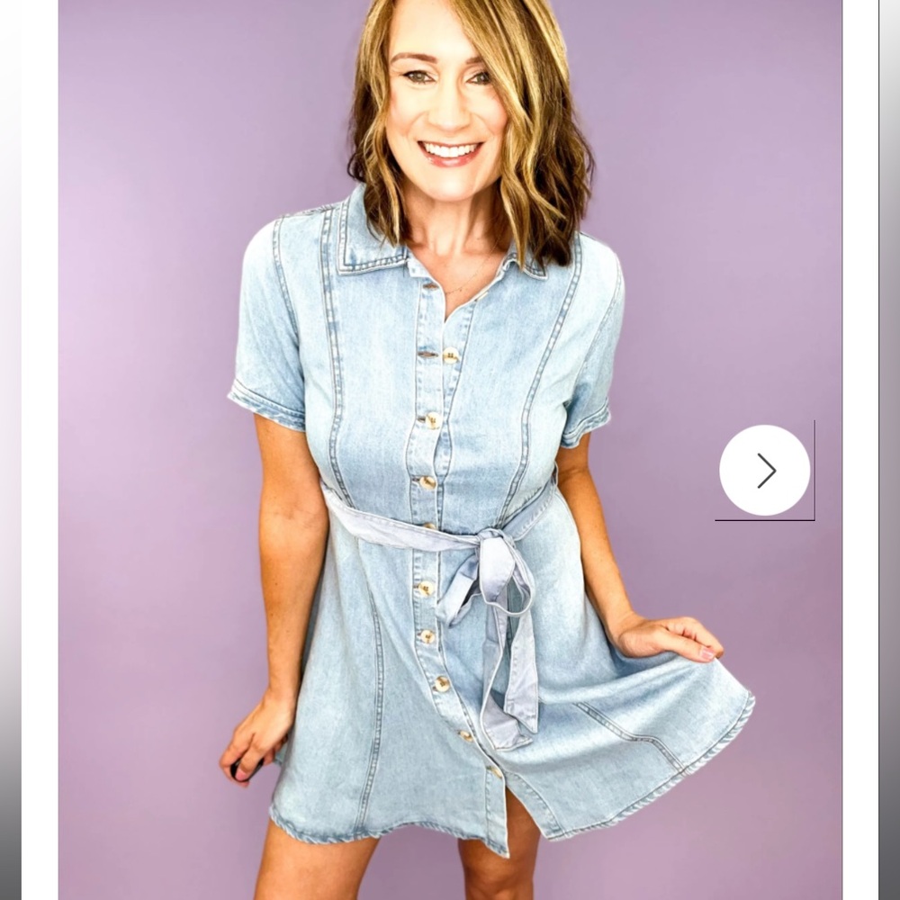 Chambray collared button down belted shirt dress
